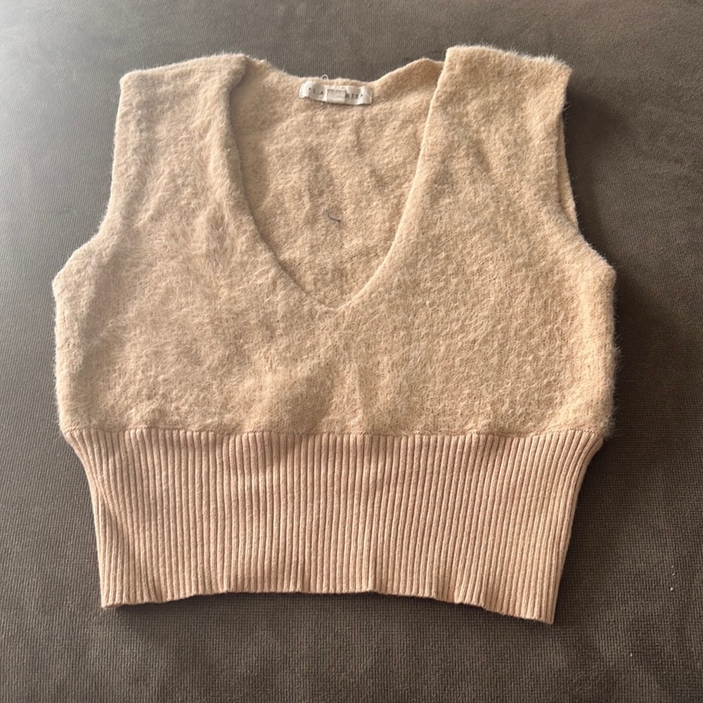 Tan Cropped fuzzy vest top